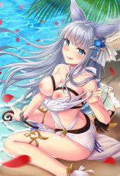 Rule 34 | 1girl, :q, absurdres, animal ears, bare shoulders, beach, bikini, blue eyes, blue flower, blunt bangs, blush, bracelet, breasts, closed mouth, collarbone, commentary request, day, erune, eyelashes, flower, granblue fantasy, hair flower, hair ornament, high heels, highres, jewelry, korwa, korwa (summer) (granblue fantasy), large breasts, long hair, looking at viewer, misakam5, navel, nipples, outdoors, palm leaf, palm tree, petals, sand, sidelocks, silver hair, sitting, smile, solo, star (symbol), star hair ornament, stomach, swimsuit, tongue, tongue out, tree, very long hair, wariza, water