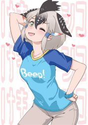 Rule 34 | 1girl, :d, arm behind back, blouse, blue shirt, blush, commentary request, cowboy shot, gradient hair, greater roadrunner (kemono friends), grey hair, grey shorts, hair between eyes, hair tubes, hand on own hip, hand up, heart, highres, kemono friends, kemono friends 2, leaning forward, looking at viewer, man (man-room), medium hair, multicolored hair, one eye closed, open mouth, raglan sleeves, shirt, shorts, smile, solo, yellow eyes