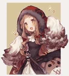 Rule 34 | 1girl, bag, blonde hair, blood, blood on clothes, blunt bangs, border, capelet, dress, fur-trimmed capelet, fur trim, hair ribbon, handbag, happy, highres, long hair, long sleeves, looking to the side, merry-san, orange eyes, red riding hood (sinoalice), ribbon, simple background, sinoalice, sleeves past wrists, solo, sparkle, sparkling eyes, wavy hair, wide sleeves