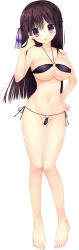 Rule 34 | 1girl, barefoot, bikini, black hair, breasts, full body, hair ribbon, half updo, halterneck, halterneck, hand on own hip, hand on own face, haruoto alice gram, highres, large breasts, long hair, looking at viewer, navel, o-ring, o-ring bikini, official art, open mouth, purple eyes, ribbon, rindou yaya, side-tie bikini bottom, solo, swimsuit, takanae kyourin, transparent background