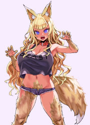 Rule 34 | 1girl, asanagi, blonde hair, blue eyes, breasts, cleavage, collar, fang, female pubic hair, hairy, highres, legs, long hair, looking at viewer, navel, open mouth, original, pubic hair, pubic hair peek, short shorts, shorts, simple background, solo, tail, tank top, white background