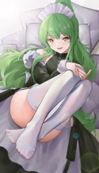 Rule 34 | 1girl, absurdres, bare shoulders, black dress, character name, dress, full body, girls&#039; frontline, green hair, hand on own knee, highres, legs up, long hair, looking at viewer, lying, m950a (girls&#039; frontline), m950a (home ec training) (girls&#039; frontline), maid, maid headdress, no shoes, official alternate costume, on back, open mouth, pillow, ponytail, smile, solo, south cn, thighhighs, thighs, white thighhighs, yellow eyes