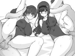 Rule 34 | 2boys, 2girls, amagami, ass, blush, breasts, censored, closed mouth, clothing aside, covered erect nipples, drill hair, greyscale, hairband, hetero, holding another&#039;s leg, large breasts, leg up, long hair, looking at viewer, monochrome, morishima haruka, mosaic censoring, multiple boys, multiple girls, one-piece swimsuit, penis, pussy, sanagi torajirou, see-through one-piece swimsuit, sex, sex from behind, short hair, spread legs, sweat, swimsuit, swimsuit aside, thighs, tsukahara hibiki, vaginal