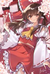 Rule 34 | 1girl, artist name, ascot, bare shoulders, between fingers, blurry, blush, bow, branch, breasts, brown hair, cherry blossoms, collared shirt, detached sleeves, eyes visible through hair, flower, frills, hair between eyes, hair ornament, hair tubes, hakurei reimu, hand up, haruki (colorful macaron), highres, holding, long hair, long sleeves, looking at viewer, medium breasts, navel, ofuda, ofuda between fingers, open mouth, petals, pink flower, pink sky, red bow, red eyes, red ribbon, red shirt, red skirt, ribbon, ribbon-trimmed sleeves, ribbon trim, shirt, signature, skirt, sky, smile, solo, sunset, torii, touhou, tree, white flower, wide sleeves, yellow ascot