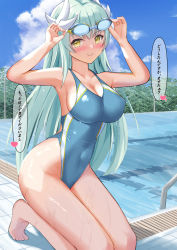 Rule 34 | 1girl, absurdres, alternate costume, aqua hair, aqua one-piece swimsuit, blue sky, blush, breasts, cloud, competition swimsuit, covered navel, day, dragon girl, dragon horns, fate/grand order, fate (series), goggles, unworn goggles, highleg, highleg swimsuit, highres, horns, kiyohime (fate), large breasts, long hair, multicolored clothes, multicolored swimsuit, multiple horns, nikuromuline, one-piece swimsuit, outdoors, pool, pool ladder, poolside, sky, solo, speech bubble, swimsuit, translation request, white one-piece swimsuit, yellow eyes