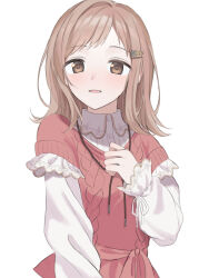 Rule 34 | 1girl, blush, brown hair, cable knit, highres, idolmaster, idolmaster shiny colors, long sleeves, looking ahead, medium hair, red sweater, sakuragi mano, shirt, simple background, smile, solo, sweater, upper body, white background, white shirt, yumeme 818