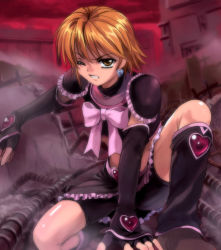 Rule 34 | 00s, 1girl, bike shorts, brown eyes, brown hair, collateral damage, concrete, cure black, destruction, earrings, elbow gloves, fingerless gloves, futari wa precure, gloves, jewelry, kneeling, midriff, misumi nagisa, mutsuki (moonknives), non-web source, on one knee, one eye closed, precure, rebar, red sky, rubble, ruins, short hair, sky, solo, squatting, toei animation, wince, wink