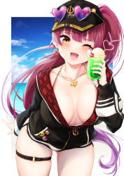 Rule 34 | 1girl, ;d, anchor symbol, arm behind back, arrow through heart, badge, baseball cap, bent over, bikini, bikini top only, bikini under clothes, black hat, black jacket, blush, breasts, center opening, cowboy shot, crotch seam, cup, day, dolphin shorts, drink, drinking glass, drinking straw, earrings, emoji, eyewear on headwear, food, gradient hair, halterneck, hat, heart, heart-shaped eyewear, heart necklace, highres, holding, holding cup, hololive, hood, hooded jacket, houshou marine, houshou marine (summer), ice cream, ice cream float, jacket, jewelry, large breasts, long hair, looking at viewer, melon soda, micro shorts, multicolored hair, necklace, o-ring, o-ring thigh strap, ocean, official alternate costume, one eye closed, open mouth, outside border, partially unzipped, pleading face emoji, purple hair, red bikini, red eyes, red hair, shorts, skindentation, sky, smile, solo, string bikini, suikagumi-oisiii, sunglasses, swimsuit, thigh strap, thighs, tropical drink, very long hair, virtual youtuber, white shorts, yellow eyes, zipper, zipper pull tab