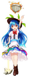 Rule 34 | 1girl, arm up, black hat, blue hair, blue ribbon, blue skirt, bow, bowtie, brown footwear, buttons, cross-laced footwear, dress, dress shirt, efe, fire, food, frills, fruit, full body, hat, highres, hinanawi tenshi, index finger raised, keystone, leaf, long hair, looking at viewer, neck ribbon, open mouth, orange eyes, peach, petticoat, puffy short sleeves, puffy sleeves, rainbow gradient, rainbow order, red bow, red neckwear, ribbon, sash, shirt, shoes, short sleeves, skirt, smile, solo, standing, sword of hisou, touhou, white shirt, wing collar