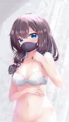Rule 34 | 1girl, blue eyes, blush, bottomless, bra, brown hair, fuuna, hair between eyes, hand up, highres, long hair, looking at viewer, mask, mouth mask, navel, original, out-of-frame censoring, solo, underwear, white bra