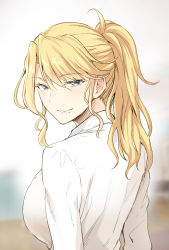 Rule 34 | 1girl, blonde hair, blue eyes, breasts, colorized, commentary request, highres, ishima yuu, large breasts, long hair, mole, mole under mouth, original, ponytail, shirt, smile, solo