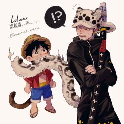 Rule 34 | !?, 2boys, animal ears, biting, biting another&#039;s tail, black coat, black hair, blush, coat, commentary request, crossed arms, demorzel, earrings, facial hair, facial scar, fangs, fur hat, goatee, hat, highres, holding, holding sheath, jewelry, leopard boy, leopard ears, leopard tail, long sleeves, monkey d. luffy, monkey tail, multiple boys, one piece, open mouth, saliva, sandals, scar, scar on cheek, scar on face, sheath, shirt, short hair, surprised, sword, tail, tail biting, trafalgar law, weapon, yaoi, yellow eyes