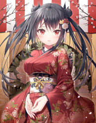 Rule 34 | 1girl, black hair, black ribbon, blush, braid, braided bun, breasts, cat hair ornament, commentary, double bun, floral print, flower, hair between eyes, hair bun, hair flower, hair ornament, hair ribbon, highres, japanese clothes, kimono, kine-c, long hair, long sleeves, looking at viewer, medium breasts, obi, original, parted lips, print kimono, red kimono, ribbon, sash, smile, solo, twintails, very long hair, white flower, wide sleeves