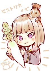 Rule 34 | 1girl, blunt bangs, blush, chibi, closed mouth, copyright request, cropped torso, daikon, food, fukunoki tokuwa, grey jacket, head tilt, holding, holding food, jacket, light brown hair, long sleeves, looking at viewer, on head, purple eyes, radish, short hair, simple background, solo, translation request, v-shaped eyebrows, white background, wide sleeves, yellow eyes