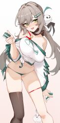 Rule 34 | 1girl, alternate costume, bird, blush, breasts, brown hair, drunk, feet out of frame, gradient background, green eyes, green panties, hair ornament, hairclip, hand up, highres, holding, holding mahjong tile, honkai: star rail, honkai (series), inniyik, large breasts, long hair, looking at viewer, mahjong, mahjong tile, navel, nose blush, off shoulder, panties, qingque (honkai: star rail), saliva, shirt, side-tie panties, single thighhigh, skindentation, solo, stomach, string panties, thigh strap, thighhighs, underwear, white background, white shirt, wide sleeves