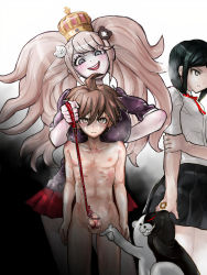 Rule 34 | 1boy, 1mascot, 2girls, ahoge, arm grab, arm up, bare arms, bare legs, bare pectorals, bare shoulders, bdsm, bear hair ornament, black hair, black skirt, blonde hair, blush, bondage, bound, breasts on another&#039;s back, brown eyes, brown hair, clothed female nude male, crown, cuts, danganronpa: trigger happy havoc, danganronpa (series), enoshima junko, eyebrows, femdom, frown, grey eyes, hair ornament, hand tattoo, hickey, highres, ikusaba mukuro, injury, monokuma, multiple girls, naegi makoto, nude, open mouth, pectorals, penis, pointing at penis, red skirt, rope, siblings, sisters, skirt, small penis, sweat, tattoo, tied penis, twins, twintails