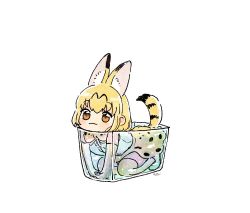 Rule 34 | 1girl, :3, animal ears, bare shoulders, blonde hair, blush, bow, bowtie, elbow gloves, extra ears, gloves, high-waist skirt, in container, kemono friends, print bow, print bowtie, print gloves, print neckwear, print skirt, san sami, serval (kemono friends), serval print, serval tail, shirt, short hair, skirt, sleeveless, solo, tail, thighhighs, traditional bowtie, white background, white shirt, yellow eyes, zettai ryouiki