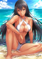 Rule 34 | 1girl, artist name, barefoot, beach, bikini, black bikini, black hair, blush, breasts, cleavage, closed mouth, cloud, collarbone, criss-cross halter, day, frown, gusset, hair between eyes, halterneck, kantai collection, kantai collection (anime), knee up, large breasts, light rays, long hair, looking at viewer, nagato (kancolle), ocean, one-piece swimsuit, outdoors, partially submerged, red eyes, sakiyamama, sand, sitting, solo, spread legs, swimsuit, tan, tanline, two-tone swimsuit, water, wet, white bikini, white one-piece swimsuit