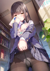 Rule 34 | 1girl, black hair, black pantyhose, blue jacket, blue skirt, blunt bangs, blush, book, bookshelf, bra, breasts, brown hair, ceiling, clothes lift, commentary request, flower, frilled panties, frills, holding, holding letter, indoors, jacket, lace, lace-trimmed bra, lace trim, letter, library, long hair, medium breasts, miyase mahiro, necktie, nipples, original, panties, panties under pantyhose, pantyhose, plaid, plaid skirt, plant, pleated skirt, potted plant, shirt, skirt, skirt lift, solo, standing, striped necktie, sunlight, underwear, white bra, white shirt