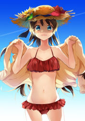 Rule 34 | 1girl, absurdres, bad id, bad pixiv id, bikini, blue eyes, blue sky, breasts, brown hair, cleavage, collarbone, cowboy shot, day, gradient background, groin, hat, highres, kaname monika, long hair, looking at viewer, navel, original, red bikini, sky, small breasts, smile, solo, standing, straw hat, sun hat, swimsuit, very long hair, yellow hat