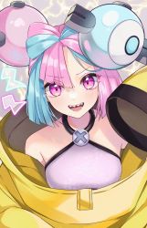 Rule 34 | 1girl, absurdres, bow-shaped hair, character hair ornament, creatures (company), game freak, hair ornament, hexagon print, highres, iono (pokemon), jacket, long hair, low-tied long hair, multicolored hair, nintendo, oversized clothes, pokemon, pokemon sv, sasakichi (ssk chi), sharp teeth, sleeves past fingers, sleeves past wrists, solo, split-color hair, teeth, very long sleeves, x, yellow jacket