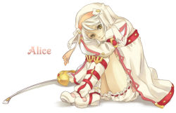 Rule 34 | 00s, 1girl, alice (tales), bloomers, boots, character name, frills, hat, knee boots, miho (mi), rapier, short hair, shorts, smile, solo, sword, tales of (series), tales of symphonia, tales of symphonia: dawn of the new world, underwear, weapon, white bloomers, white hair, yellow eyes