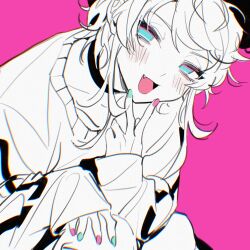 Rule 34 | 1boy, amemura ramuda, androgynous, argentum 1121, black choker, blue eyes, blue nails, blush, choker, fang, hat, highres, hypnosis mic, long sleeves, looking at viewer, male focus, multicolored eyes, nail polish, partially colored, pink background, pink eyes, pink nails, short hair, solo, sweater, v