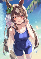 Rule 34 | 1girl, animal ears, arm behind back, blue one-piece swimsuit, blurry, blurry background, blush, breasts, brown hair, cleavage, collarbone, covered navel, hand up, highres, holding, holding hair, horse ears, horse girl, horse tail, kaneki yushi, large breasts, long hair, looking at viewer, multicolored hair, one-piece swimsuit, open mouth, orange eyes, palm tree, satono diamond (umamusume), school swimsuit, solo, sparkle, standing, swimsuit, tail, tree, two-tone hair, umamusume, water, wet