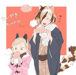 Rule 34 | 1boy, 1girl, :3, ^ ^, animal ears, blonde hair, blush, border, brown hair, brown scarf, cat boy, cat ears, cat tail, child, closed eyes, closed mouth, coat, cowboy shot, dot nose, extra ears, facing viewer, fake animal ears, fang, food, fusuma (nohbrk), green eyes, hair over one eye, hands up, holding, holding food, japanese clothes, kimono, light brown hair, long sleeves, medium hair, multicolored hair, open clothes, open mouth, original, parted bangs, pink coat, print kimono, red background, sash, scarf, simple background, smile, steam, streaked hair, tail, taiyaki, tsurime, upper body, wagashi, white border, white scarf, wide sleeves, winter clothes, yukata