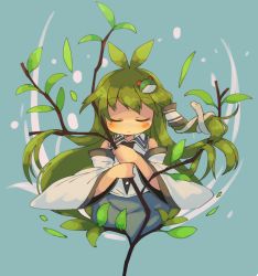 Rule 34 | 1girl, antenna hair, black necktie, blue background, blue skirt, branch, closed eyes, commentary request, cropped legs, detached sleeves, eyebrows, frog hair ornament, green hair, hair ornament, hair tubes, holding, holding branch, ini (inunabe00), kochiya sanae, leaf, long hair, necktie, shirt, skirt, snake hair ornament, solo, touhou, white shirt, wide sleeves, wing collar