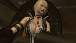 Rule 34 | 1girl, absurdres, bare shoulders, blonde hair, breasts, cleavage, highres, irene lew, large breasts, ninja gaiden, parted lips, solo, upper body, vehicle interior