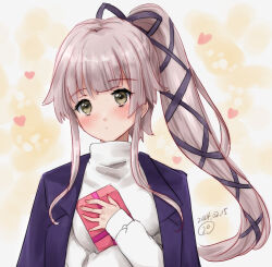 Rule 34 | 1girl, black jacket, brown eyes, dated, gift, hair flaps, hair ribbon, hand on own chest, heart, jacket, jacket on shoulders, kantai collection, kitagawa mikio, long hair, looking at viewer, official alternate costume, one-hour drawing challenge, pink hair, ponytail, ribbon, solo, sweater, upper body, white sweater, yura (kancolle)