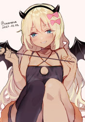 Rule 34 | 1girl, asymmetrical legwear, bat wings, black tank top, black thighhighs, blonde hair, commentary request, dated, demon girl, demon horns, fake horns, grecale (kancolle), green eyes, grey background, grin, horns, kantai collection, long hair, official alternate costume, picoli1313, simple background, single thighhigh, smile, solo, tan, tank top, thighhighs, twitter username, uneven legwear, wavy hair, wings