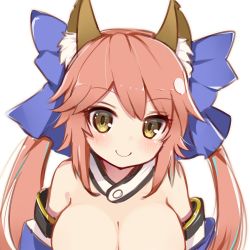 Rule 34 | 10s, 1girl, animal ears, bare shoulders, blush, breasts, cleavage, detached sleeves, fate/extra, fate (series), fox ears, highres, japanese clothes, koga rejini, large breasts, long hair, looking at viewer, pink hair, simple background, smile, solo, tamamo no mae (fate/extra), white background, yellow eyes