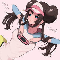 Rule 34 | 1girl, black pantyhose, blue eyes, blush, bow, breasts, brown hair, closed mouth, commentary request, creatures (company), double bun, eyelashes, game freak, hair bun, hands up, highres, long hair, nintendo, nishikino kee, pantyhose, pantyhose under shorts, pink bow, pokemon, pokemon bw2, raglan sleeves, rosa (pokemon), shirt, shorts, sidelocks, solo, sparkle, translation request, twintails, visor cap, yellow shorts