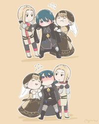 Rule 34 | 2boys, 2girls, arm hug, bisexual female, bisexual male, blonde hair, blush, brother and sister, byleth (female) (fire emblem), byleth (fire emblem), byleth (male) (fire emblem), chibi, dress, fire emblem, fire emblem: three houses, flying sweatdrops, full body, giimbap, green hair, hat, hetero, highres, jeritza von hrym, mercedes von martritz, multiple boys, multiple girls, nintendo, no pupils, ponytail, pout, siblings, simple background, tan background