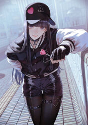 Rule 34 | 1girl, against railing, arm support, black hair, black pantyhose, chain, choker, crossed legs, earrings, fingerless gloves, food, gloves, guard rail, hat, head tilt, highres, hime cut, jacket, jewelry, kaoming, latex, long hair, looking at viewer, original, outdoors, pantyhose, popsicle, railing, shorts, solo, tactile paving, thigh gap, thigh strap