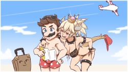 Rule 34 | 1boy, 1girl, aea, aircraft, airplane, arm on another&#039;s shoulder, armlet, bikini, black collar, blonde hair, blue eyes, border, bowsette, bracelet, breasts, brown hair, cleavage, cloud, collar, commentary, couple, crown, english commentary, eyewear on head, facial hair, front-tie bikini top, front-tie top, hand on own hip, hat, hetero, highres, horns, jewelry, large breasts, lenny face, luggage, male swimwear, map, mario, mario (series), mini crown, mustache, new super mario bros. u deluxe, nintendo, outdoors, pectorals, pointing, polka dot, polka dot male swimwear, polka dot swimsuit, princess, print male swimwear, print swim trunks, print swimsuit, red eyes, red male swimwear, red swim trunks, sharp teeth, side-tie bikini bottom, size difference, sky, smile, spiked armlet, spiked bracelet, spiked collar, spiked shell, spiked tail, spiked thighlet, spikes, super crown, super mario sunshine, swim trunks, swimsuit, tail, teeth, thighlet, topless male, turtle shell, white border