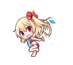 Rule 34 | 1girl, :d, alternate costume, bikini, blonde hair, blush, bow, chibi, eyebrows, flandre scarlet, flower, full body, hair between eyes, hair flower, hair ornament, innertube, looking at viewer, no headwear, open mouth, outstretched arm, red eyes, short hair, side-tie bikini bottom, side ponytail, simple background, smile, solo, standing, standing on one leg, swim ring, swimsuit, touhou, white background, wings, yada (xxxadaman)