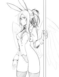 Rule 34 | 1girl, angel, angel wings, animal ears, blush, breasts, rabbit ears, cleavage, cowboy shot, cropped jacket, detached collar, fake animal ears, greyscale, hair between eyes, haohi (less), highres, jacket, less, looking at viewer, medium hair, monochrome, necktie, original, playboy bunny, pointy ears, pole, ponytail, small breasts, smile, solo, thighhighs, white background, wings, wrist cuffs