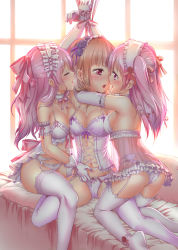 Rule 34 | 3girls, arms around neck, arms up, ass, asymmetrical docking, babydoll, bare shoulders, bdsm, blunt bangs, blush, bondage, bound, bow, bow bra, bow panties, bra, breast press, breasts, brown hair, camisole, choker, cleavage, closed eyes, collarbone, corset, elbow gloves, eye contact, eyelashes, female focus, frilled bra, frilled camisole, frills, garter belt, garter straps, girl sandwich, gloves, hair bow, hair ribbon, hairband, half updo, happy, highres, hug, imminent kiss, lace, lace-trimmed bra, lace-trimmed gloves, lace-trimmed legwear, lace trim, lingerie, lolita fashion, lolita hairband, looking at another, medium breasts, multiple girls, navel, no shoes, open mouth, original, panties, pink bra, pink eyes, pink hair, pink panties, purple bra, purple panties, red eyes, ribbon, ribbon bondage, sandwiched, see-through, sideboob, smile, spaghetti strap, tears, thighhighs, two side up, underwear, underwear only, white gloves, white legwear, window, yamamoto arifred, yuri