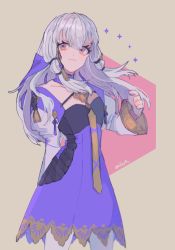 Rule 34 | 1girl, choker, closed mouth, collarbone, cowboy shot, dress, fes4, fire emblem, fire emblem: three houses, flat chest, floating hair, grey background, hair between eyes, long hair, long sleeves, lysithea von ordelia, nintendo, pantyhose, pink eyes, purple choker, purple dress, shrug (clothing), solo, standing, white hair