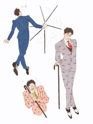 Rule 34 | 1boy, afterimage, arms behind back, blue jacket, blue pants, blue suit, brown hair, brown vest, cane, chengongzi123, closed mouth, collared jacket, collared shirt, commentary, formal, full body, glasses, grey jacket, grey pants, grey suit, haikyuu!!, hands up, highres, holding, holding cane, humming, jacket, kogure kiminobu, long hair, long sleeves, male focus, multiple views, musical note, necktie, pants, pink jacket, red necktie, rimless eyewear, round eyewear, saddle shoes, shirt, shoes, short hair, simple background, smile, standing, striped clothes, striped shirt, suit, symbol-only commentary, very short hair, vest, walking, white background