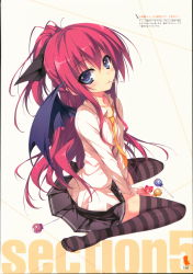 Rule 34 | 1girl, absurdres, blue eyes, blush, candy, collarbone, demon wings, feet, flat chest, food, full body, highres, koakuma teeri to kyuuseishu!?, lollipop, long hair, long sleeves, looking at viewer, necktie, no shoes, official art, ponytail, red hair, scan, simple background, sitting, skirt, smile, solo, striped clothes, striped thighhighs, teeri (koakuma teeri to kyuuseishu!?), thighhighs, tomose shunsaku, wariza, wings, zettai ryouiki