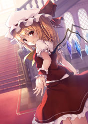 Rule 34 | 1girl, blonde hair, bow, checkered floor, crystal, flandre scarlet, frilled cuffs, frilled skirt, frilled sleeves, frills, hat, hat bow, hat ribbon, light rays, looking at viewer, looking back, mob cap, oukatihiro, puffy short sleeves, puffy sleeves, reaching, reaching towards viewer, red bow, red carpet, red eyes, red ribbon, red skirt, ribbon, short sleeves, side ponytail, skirt, smile, solo, stairs, touhou, window, wings, wrist cuffs