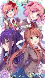 Rule 34 | 4girls, :d, blouse, blue eyes, blue skirt, blush, bow, brown hair, chocho (homelessfox), commentary request, copyright name, doki doki literature club, fang, flower, flower request, green eyes, grey jacket, hair between eyes, hair bow, hair ornament, hair ribbon, hairclip, index finger raised, jacket, korean commentary, long hair, long sleeves, monika (doki doki literature club), multiple girls, natsuki (doki doki literature club), open mouth, pink eyes, pink hair, ponytail, purple eyes, purple hair, red bow, red ribbon, ribbon, round teeth, sayori (doki doki literature club), shirt, short hair, skin fang, skirt, smile, teeth, two side up, v-shaped eyebrows, very long hair, white ribbon, white shirt, wing collar, yuri (doki doki literature club)