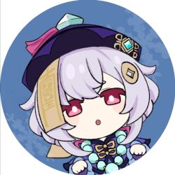 Rule 34 | 1girl, bead necklace, beads, blue hat, coin hair ornament, genshin impact, ghost pose, hair ornament, hands up, hat, hat tassel, jewelry, lowres, marimo jh, necklace, ofuda, ofuda on head, open mouth, pink eyes, profile picture, purple hair, qingdai guanmao, qiqi (genshin impact), round image, sidelocks, solo, vision (genshin impact)