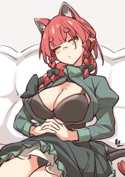 Rule 34 | 1girl, absurdres, animal ears, bra, braid, breasts, cat ears, cat tail, closed eyes, couch, highres, kaenbyou rin, large breasts, long sleeves, pointy ears, red hair, solo, tail, touhou, twin braids, underwear, yashiki sen