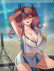 Rule 34 | 1girl, absurdres, azur lane, bare shoulders, bird, breasts, bremerton (azur lane), bremerton (scorching-hot training) (azur lane), chain-link fence, chick, cleavage, collarbone, crop top, crop top overhang, fence, heart, heart necklace, highres, hood (james x), jewelry, large breasts, long hair, looking at viewer, manjuu (azur lane), multicolored hair, necklace, open mouth, pink eyes, pink hair, racket, see-through, sidelocks, smile, solo, sportswear, squatting, streaked hair, tennis racket, tennis uniform, twintails, two-tone shirt, two-tone skirt, wristband
