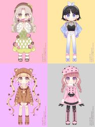 Rule 34 | 4girls, :3, animal ear legwear, animal ears, bare shoulders, bear ears, bear hat, black camisole, black gloves, black hair, black legwear, blonde hair, blue eyes, blue footwear, blue jacket, blush stickers, boots, bow, braid, brown flower, brown footwear, brown hair, brown headwear, brown jacket, brown legwear, brown sweater, camisole, closed mouth, coat, covered mouth, cross-laced footwear, denim, earrings, fake animal ears, fishnets, flower, flower over mouth, fur-trimmed sleeves, fur collar, fur trim, gloves, green bow, green eyes, green skirt, hair bow, hair flower, hair ornament, hair ribbon, hairband, hands on own hips, hat, hat bow, heart, highres, holding, holding flower, hoop earrings, ie (nyj1815), jacket, jeans, jewelry, knee boots, lace-up boots, long hair, long sleeves, looking at viewer, low twintails, multiple girls, navel, off-shoulder shirt, off shoulder, open clothes, open jacket, original, own hands together, pants, pantyhose, pink coat, pink flower, pink footwear, pink headwear, red eyes, ribbed sweater, ribbon, sandals, see-through, shirt, shoes, short hair, skirt, smile, standing, sweater, thighhighs, thighhighs under boots, turtleneck, turtleneck sweater, twin braids, twintails, twitter username, very long hair, watermark, wavy hair, web address, white pants, white ribbon, white shirt, wide sleeves, yellow eyes